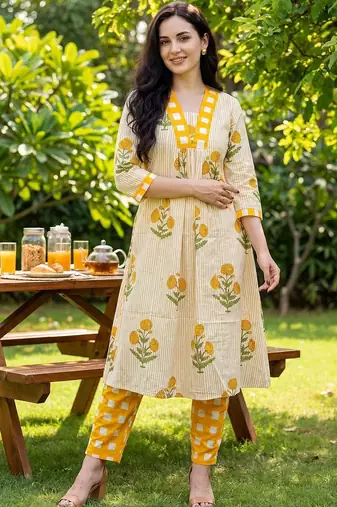 Women Floral Printed Regular Pure Cotton Kurta with Trousers