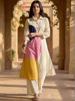 Women Colourblocked Regular Pure Cotton Kurta with Trousers 1