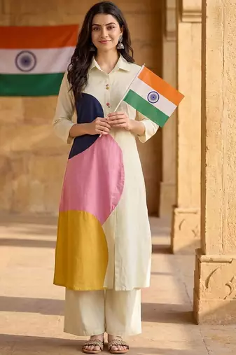 Women Colourblocked Regular Pure Cotton Kurta with Trousers