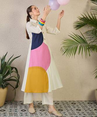 Women Colourblocked Regular Pure Cotton Kurta with Trousers 6