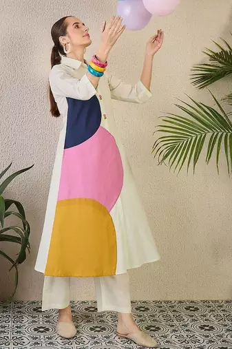 Women Colourblocked Regular Pure Cotton Kurta with Trousers