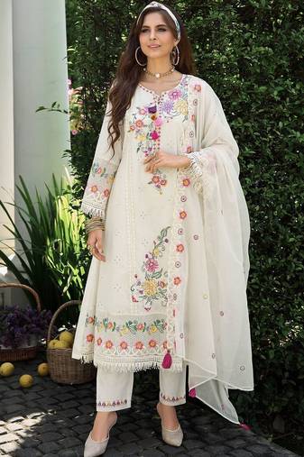 Women Floral Embroidered Thread Work  Cotton Kurta with Trousers & Dupatta