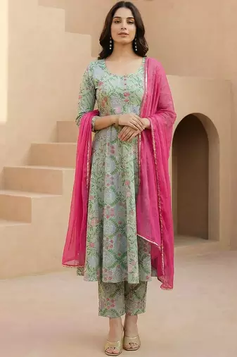 Women Floral Printed Regular Pure Cotton Kurta with Trousers & With Dupatta