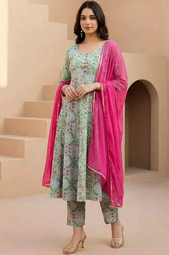 Women Floral Printed Regular Pure Cotton Kurta with Trousers & With Dupatta
