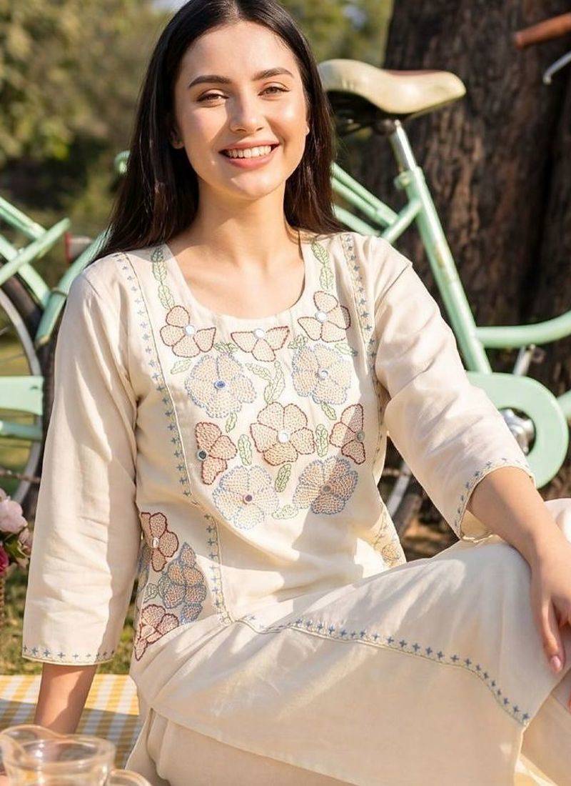 Women Floral Embroidered Regular Thread Work Pure Cotton Kurta with Trousers