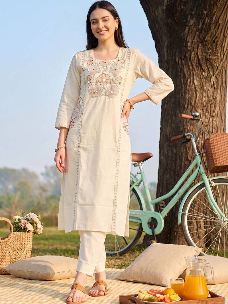 Women Floral Embroidered Regular Thread Work Pure Cotton Kurta with Trousers