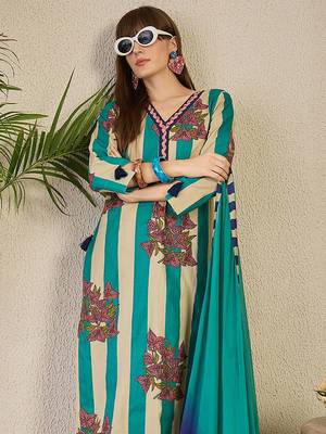 Women Floral Printed Pure Cotton V-Neck Kurta with Trousers & With Dupatta 1
