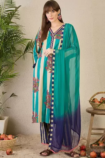 Women Floral Printed Pure Cotton V-Neck Kurta with Trousers & With Dupatta