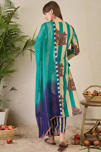 Women Floral Printed Pure Cotton V-Neck Kurta with Trousers & With Dupatta