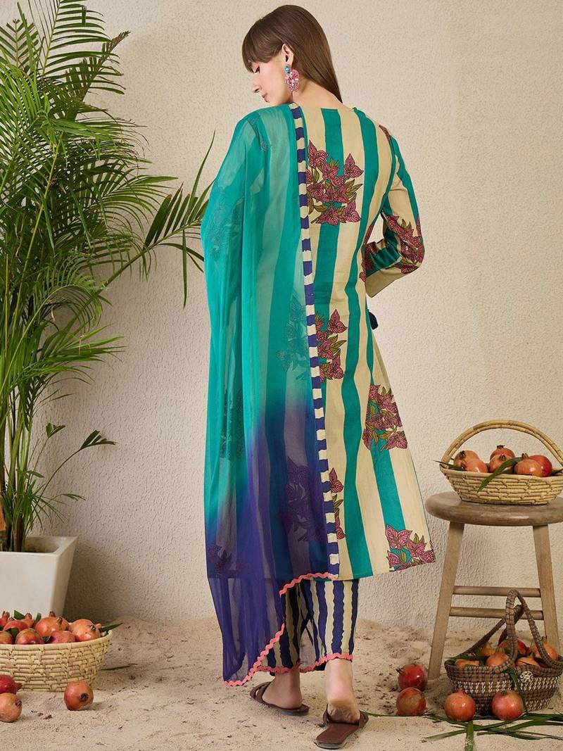 Women Floral Printed Pure Cotton V-Neck Kurta with Trousers & With Dupatta