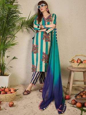 Women Floral Printed Pure Cotton V-Neck Kurta with Trousers & With Dupatta 7