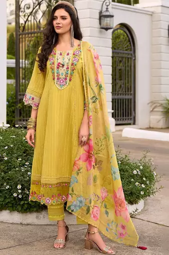 Women Floral Embroidered Regular Thread Work Pure Cotton Kurta with Trousers & With Dupatta