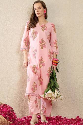 Women Floral Printed Regular Pure Cotton Kurta with Trousers