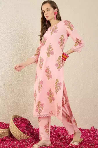 Women Floral Printed Regular Pure Cotton Kurta with Trousers
