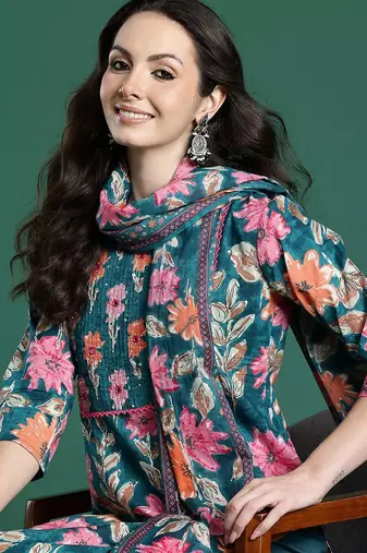 Floral Printed Pure Cotton Kurta with Trousers & Dupatta