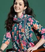 Floral Printed Pure Cotton Kurta with Trousers & Dupatta