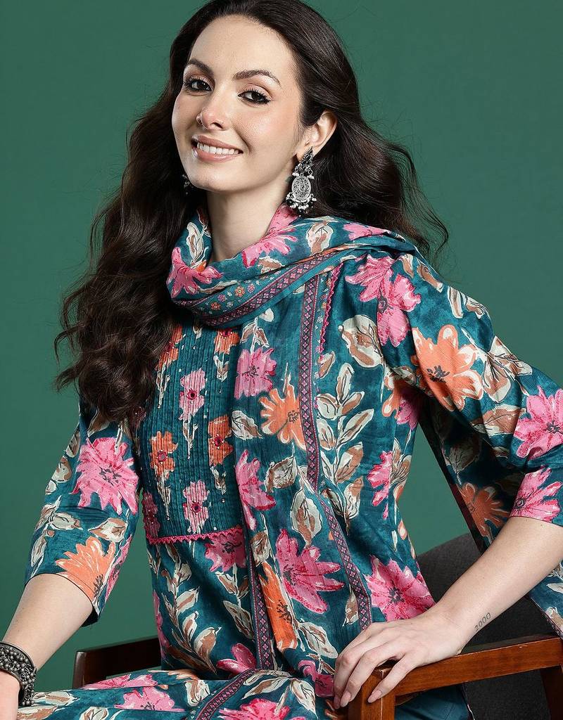 Floral Printed Pure Cotton Kurta with Trousers & Dupatta