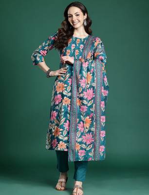 Floral Printed Pure Cotton Kurta with Trousers & Dupatta 5