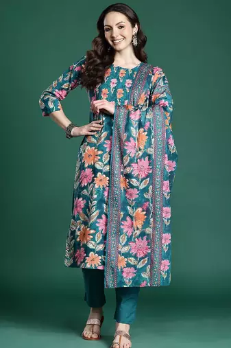 Floral Printed Pure Cotton Kurta with Trousers & Dupatta