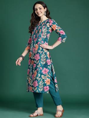 Floral Printed Pure Cotton Kurta with Trousers & Dupatta 6