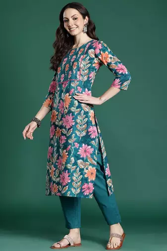 Floral Printed Pure Cotton Kurta with Trousers & Dupatta