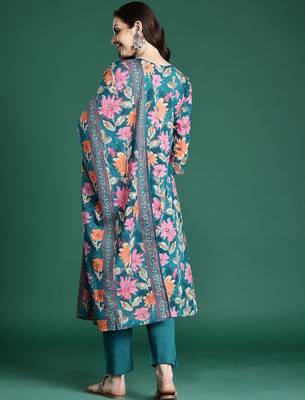 Floral Printed Pure Cotton Kurta with Trousers & Dupatta 7
