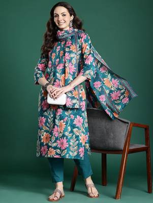 Floral Printed Pure Cotton Kurta with Trousers & Dupatta 8