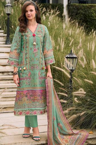 Women Floral Printed Regular Sequinned Linen Kurta with Trousers & With Dupatta