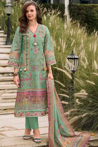 Women Floral Printed Regular Sequinned Linen Kurta with Trousers & With Dupatta