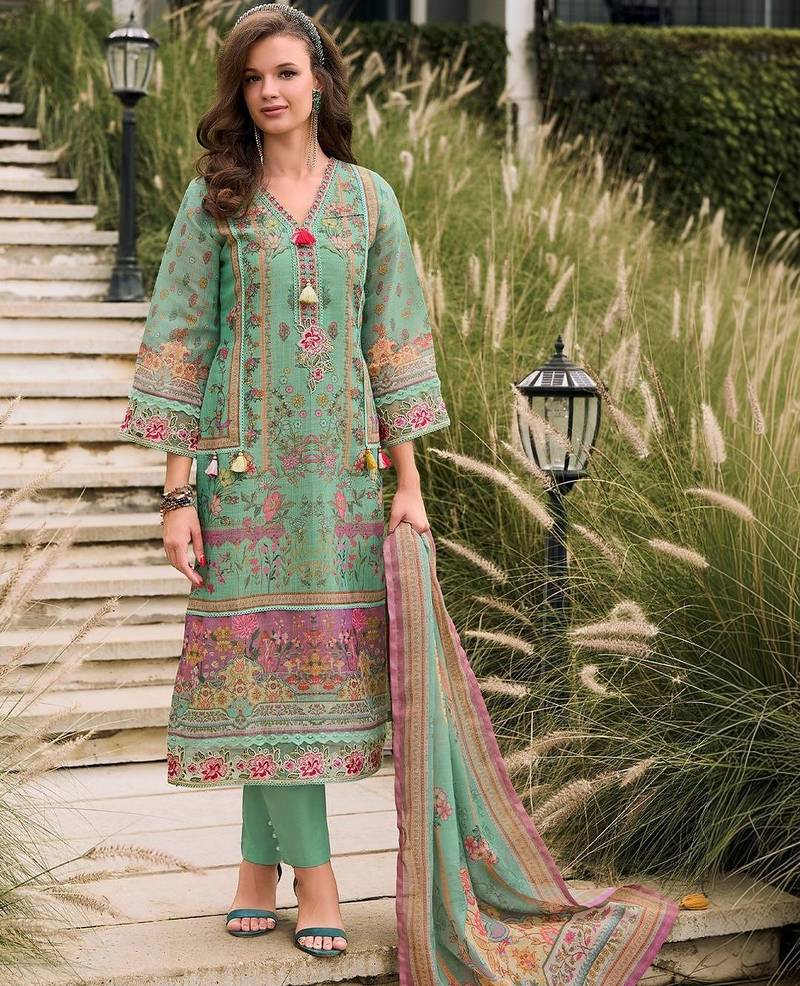 Women Floral Printed Regular Sequinned Linen Kurta with Trousers & With Dupatta