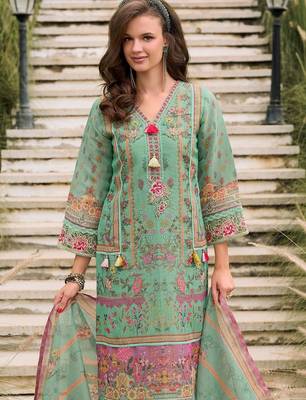 Women Floral Printed Regular Sequinned Linen Kurta with Trousers & With Dupatta 2