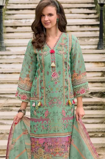 Women Floral Printed Regular Sequinned Linen Kurta with Trousers & With Dupatta