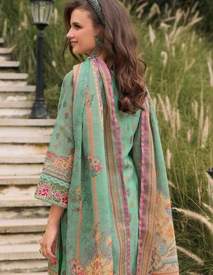 Women Floral Printed Regular Sequinned Linen Kurta with Trousers & With Dupatta 3