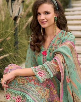 Women Floral Printed Regular Sequinned Linen Kurta with Trousers & With Dupatta 5