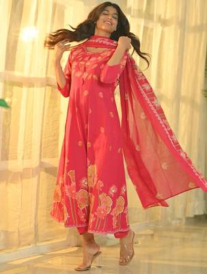 Women Floral Printed Panelled Pure Cotton Kurta with Trousers & With Dupatta 1