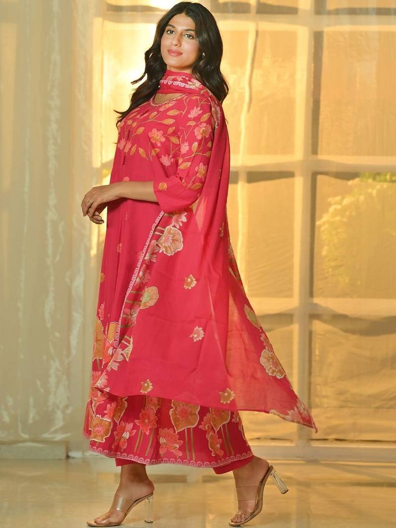 Women Floral Printed Panelled Pure Cotton Kurta with Trousers & With Dupatta