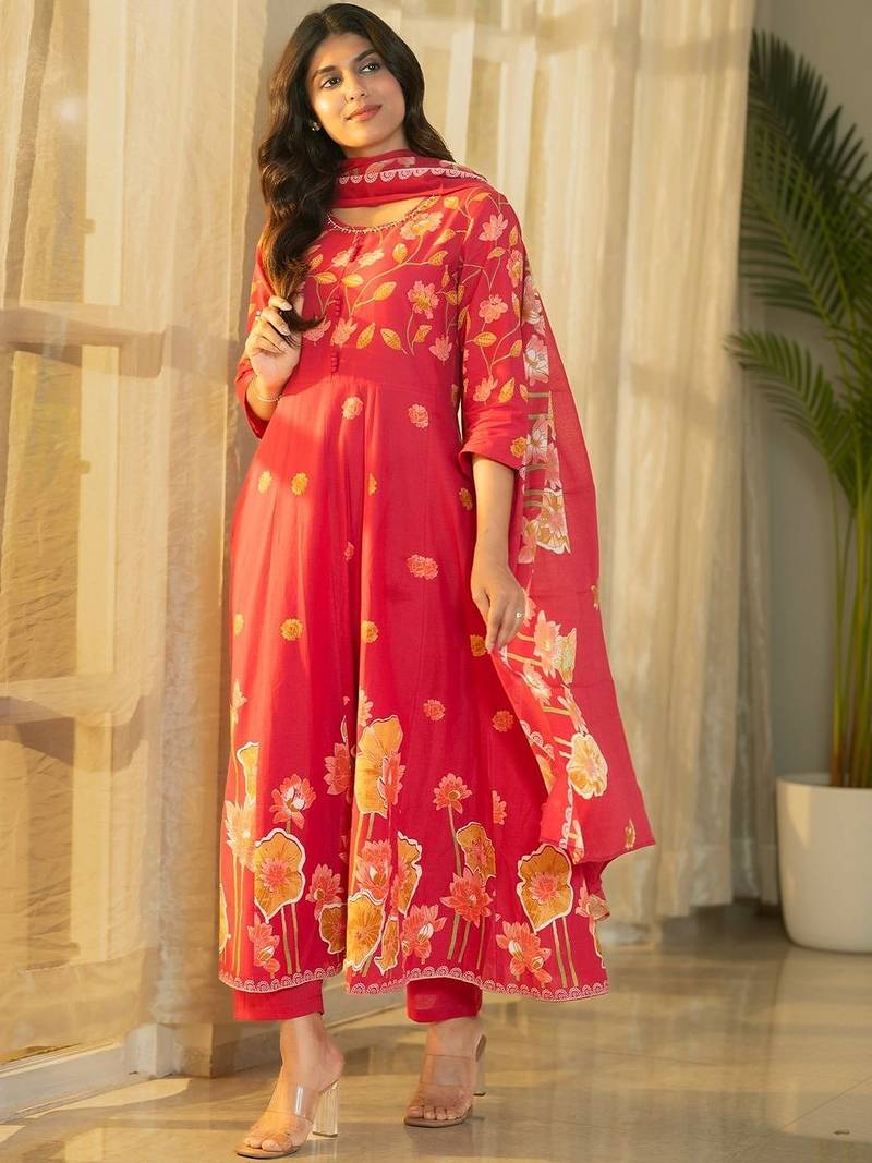 Women Floral Printed Panelled Pure Cotton Kurta with Trousers & With Dupatta