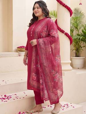 Plus Size Red Embroidered Straight Kurta Trousers With Dupatta Set 1