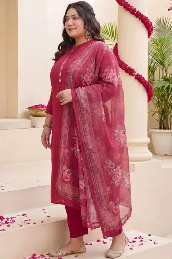 Plus Size Red Embroidered Straight Kurta Trousers With Dupatta Set