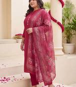 Plus Size Red Embroidered Straight Kurta Trousers With Dupatta Set