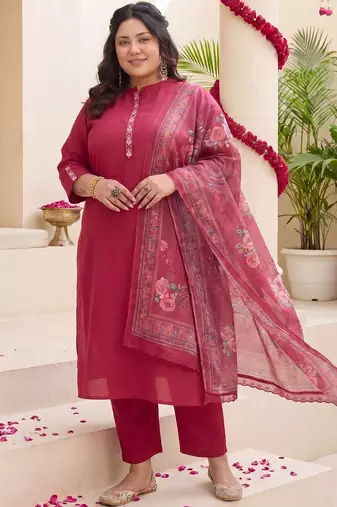 Plus Size Red Embroidered Straight Kurta Trousers With Dupatta Set