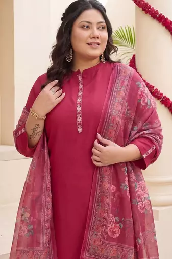 Plus Size Red Embroidered Straight Kurta Trousers With Dupatta Set