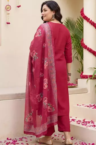 Plus Size Red Embroidered Straight Kurta Trousers With Dupatta Set