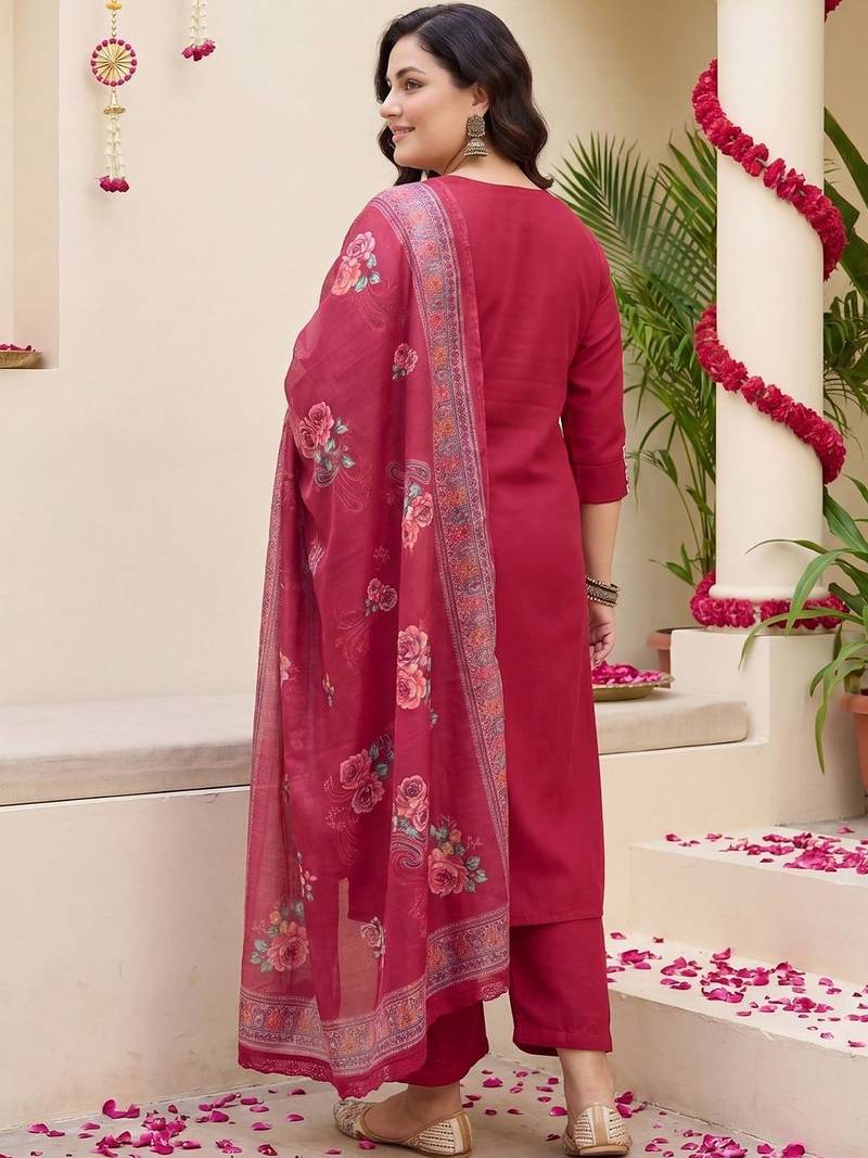 Plus Size Red Embroidered Straight Kurta Trousers With Dupatta Set