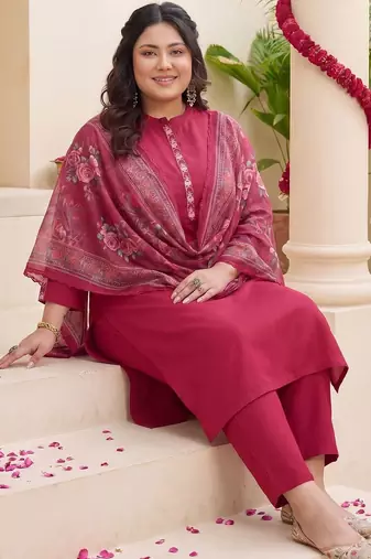 Plus Size Red Embroidered Straight Kurta Trousers With Dupatta Set