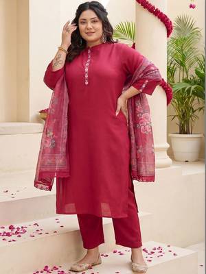 Plus Size Red Embroidered Straight Kurta Trousers With Dupatta Set 6