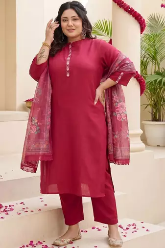 Plus Size Red Embroidered Straight Kurta Trousers With Dupatta Set