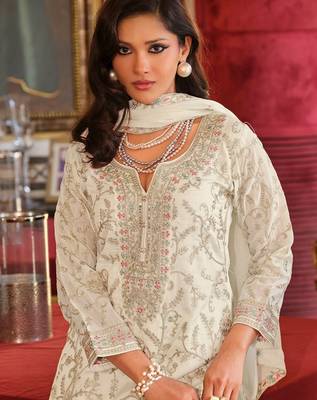 Adults-Women Woven Design Embroidered Kurta with Palazzos & Dupatta 1