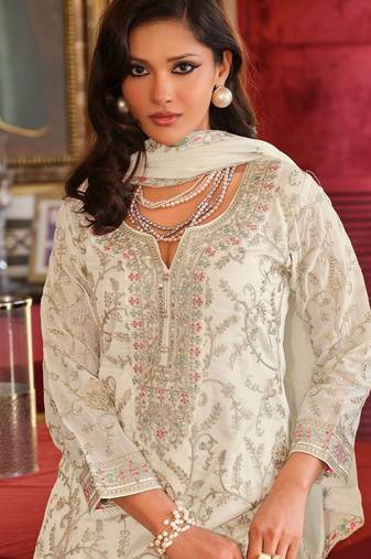 Adults-Women Woven Design Embroidered Kurta with Palazzos & Dupatta