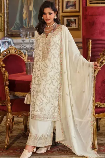 Adults-Women Woven Design Embroidered Kurta with Palazzos & Dupatta
